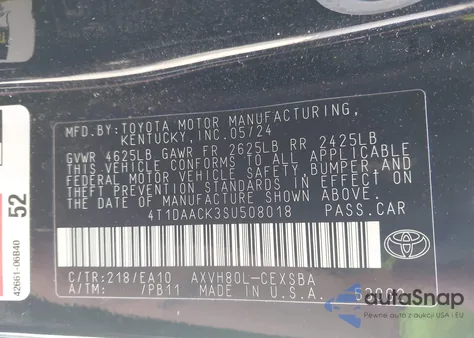 2025 Toyota Camry Se z USA, uszkodzony, nr VIN 4T1DAACK3SU508018